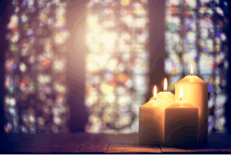 four candles in the foreground and stained glass windows in the background The Hard Truth About Faith-Based Security Nobody Wants to Say Out Loud